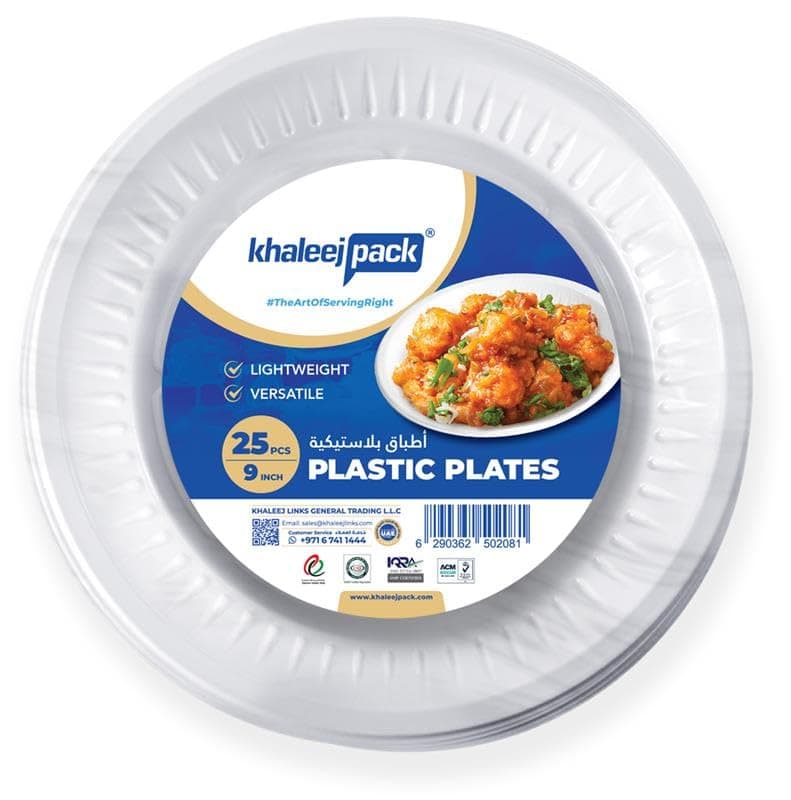 Khaleej Pack 9-Inch Disposable Plastic Plates - 25-Piece Set | Durable, Lightweight, and Food-Grade Plates for Parties, Events, and Everyday Use | Recyclable & Sturdy Tableware