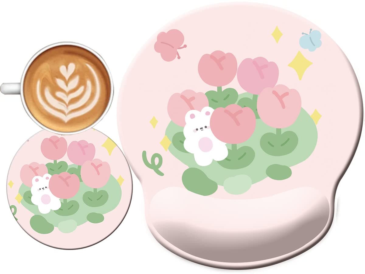 Cute Ergonomic Mouse Pad Wrist Support,[ 20% Larger] Wrist Rest Non-Slip Gel Anime Kawaii Mouse Pads, Silicon Wrist Pad,with Coaster,Easy-Typing,Pain Relief, Game Work Study Home Office-(Bunny Tulip)