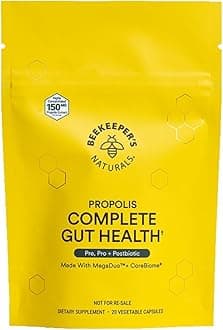 Beekeeper's Naturals Complete Gut Health, 3-in-1 Prebiotic, Postbiotic, Probiotics for Digestive Health & Bloating Relief for Women & Men, Propolis Powered, Gluten-Free Vegan Capsules, 20ct