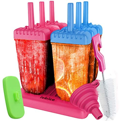 Lebice Popsicle Molds Set - BPA Free - 6 Ice Pop Makers + 1 Extra Silicone Lid + Silicone Funnel + Cleaning Brush + Recipes E-book