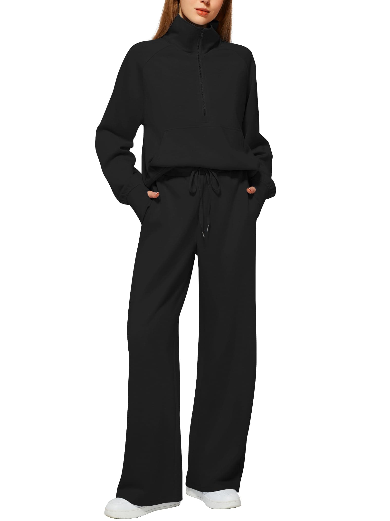 Women's 2 Piece Outfits Lounge Set 2025 Oversized Half Zip Sweatshirt Wide Leg Sweatpant Set Sweatsuit Tracksuit