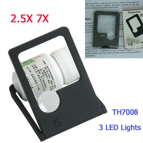 2pcs/1lot Hand Held 3 LED Lights 2.5x 7x Magnification Rectangle Foldable Magnifier Th7008