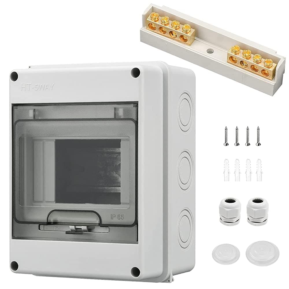 DIN Rail Enclosure, Consumer Unit Box IP65 Waterproof, DIN Rail Box 5 Module, With 4 Terminals, 2 Connectors, Suitable for Outdoor Gardens, Farms, Charging Stations, Wet Rooms