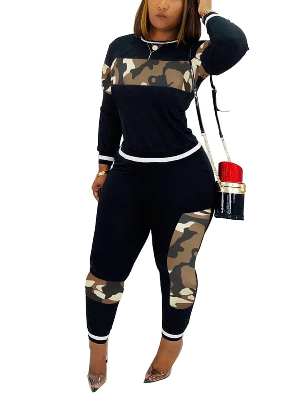 AngsuttcWomen's Casual 2 Piece Outfit Leopard Print Long Sleeve Pullover Tops Bodycon Pants Joggers Set Tracksuit