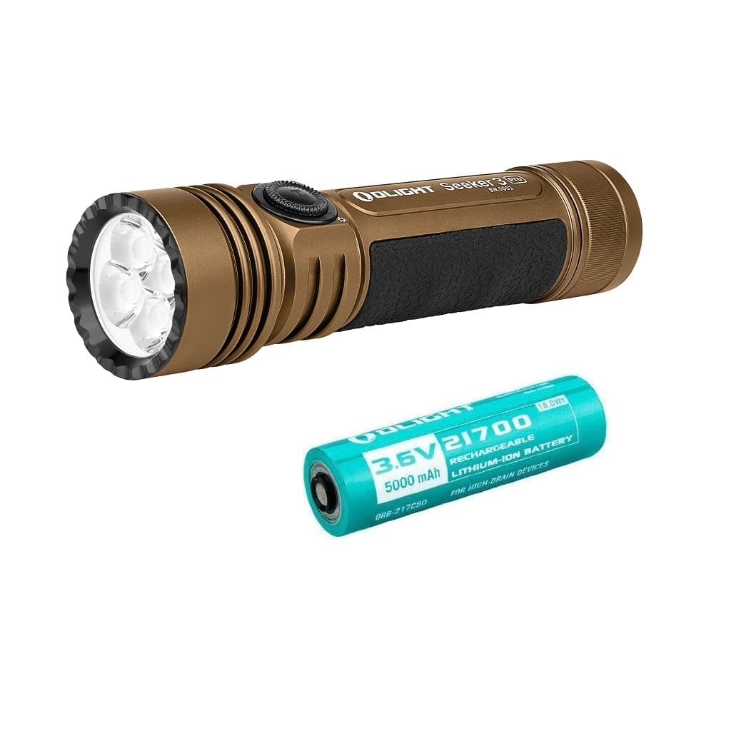 Olight Seeker 2 PRO 3200 Lumens LED Flashlight (Desert Tan) Magnetic USB Rechargeable 21700 with Battery Power and Brightness Level Indicator