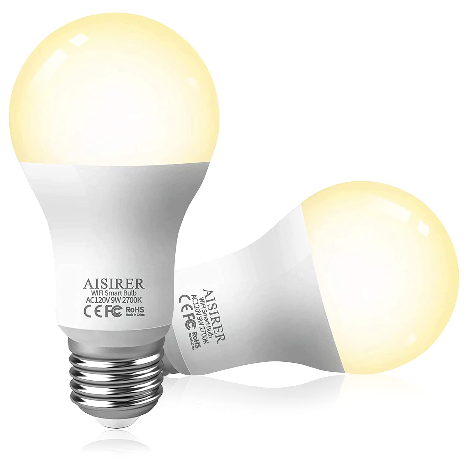 Smart Light Bulb 2.4GHz WiFi LED Bulbs 60 Watts 806LM Compatible with Amazon Alexa Echo, Google Home Assistant and Siri Dimmable Warm Light 2700K No Hub Required, AISIRER 2 Pack E26 A19 Bulbs