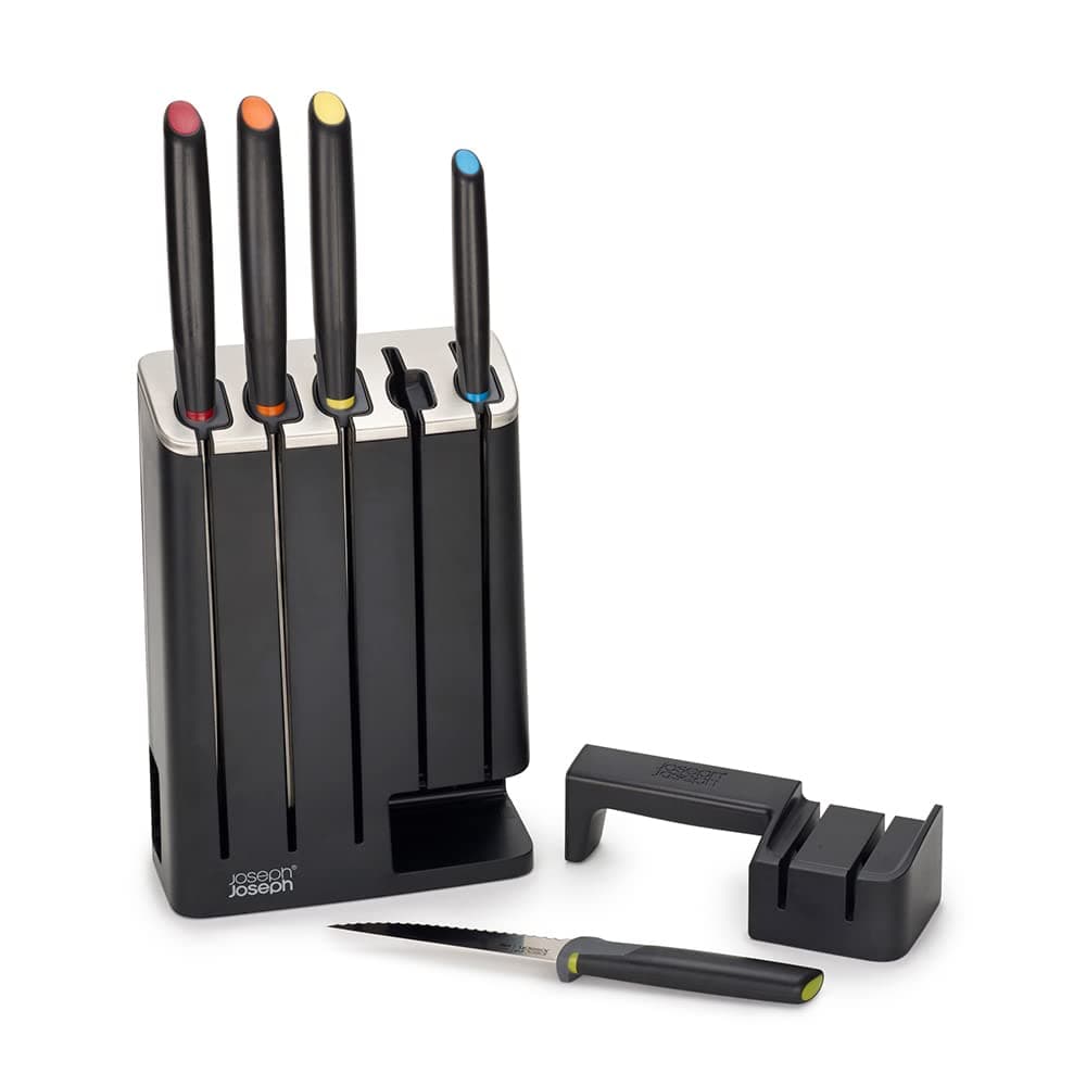 Elevate Steel Knife Set for Kitchen Use with Stand – 5-Piece Stainless Steel Kitchen Knives Block with Ceramic Sharpener, Knife Holder for Home, Chopping & Cooking – Black