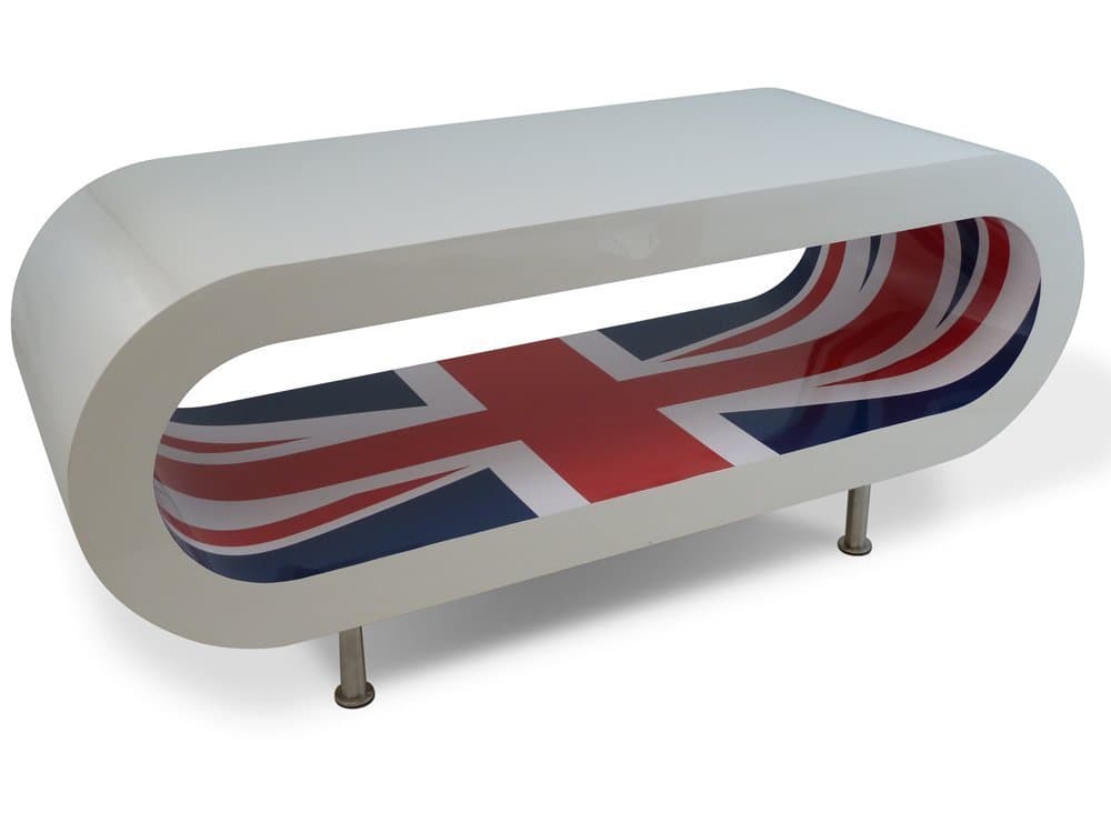 Design Retro High Gloss White with Union Jack Inner Hoop Coffee Table/Tv Stand UK Made Extra Large Feet