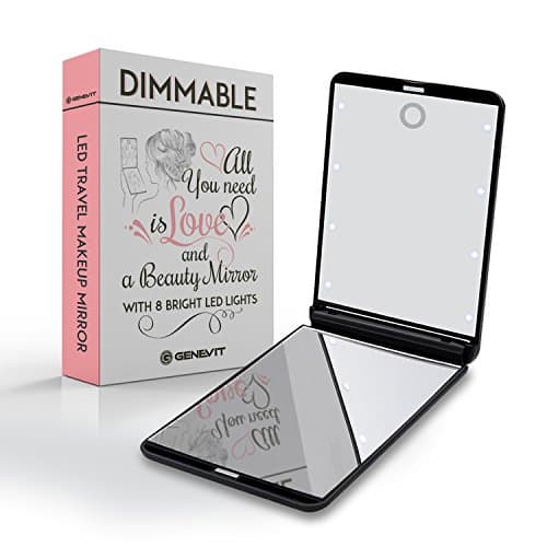LED Travel Makeup Mirror – 8 Bright LED Lights – Dimmable – 1 and 2x Magnification – Black – Travel Pouch Included by Genevit