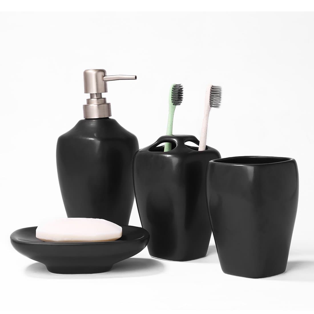 PEHOST Ceramic Bathroom Accessories Set, 4 Piece Black Matte Bathroom Ensemble Set with Toothbrush Holder, Toothbrush Cup, Soap Dispenser, Soap Dish