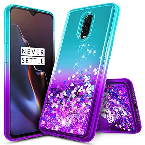 OnePlus 6T Case, NageBee Glitter Liquid Quicksand Waterfall Floating Flowing Sparkle Shiny Bling Diamond Girls Cute Case for The OnePlus 6T Smartphone (2018) -Aqua/Purple