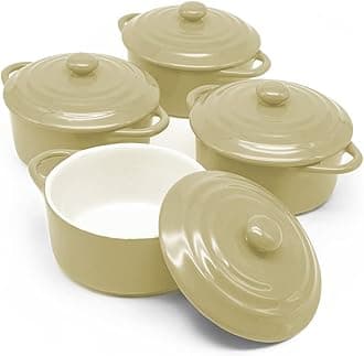 Kook Ceramic Mini Cocotte Set, Small Casserole Dishes with Lids and Handles, Individual Baking Ramekins, Oven, Microwave & Dishwasher Safe, Stoneware, 12 oz, Set of 4