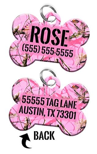 Double-Sided Camo Custom Dog Tag Personalized for Pets with Name & Number on The Front & Address on The Back (Light Pink)