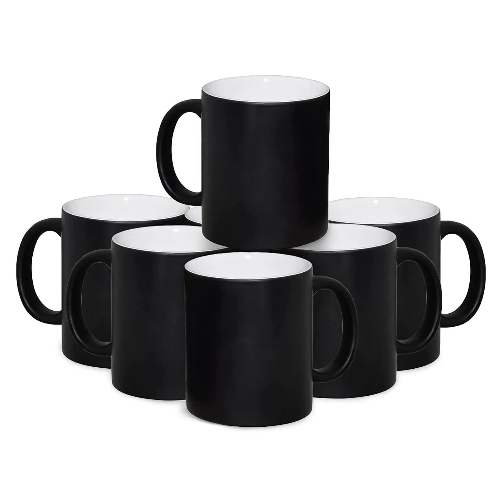 KARAVI 11oz Sublimation Ceramic Black Colour Changing Mugs with Large Handles, Set of 6 Magic Mug, Heat Press Big Mug for Tea Latte, Morning Coffee, Gifting