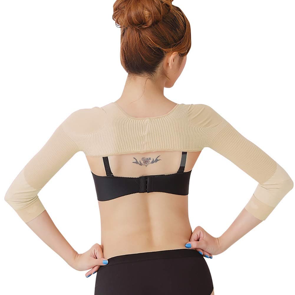 Gudessly Women's Slimming Arm Shapers Back Shoulder Support Wrap Correct Posture Corrector Humpback Prevent Shaperwear Compression Massaging Arms Lymphedema Support (L(fit US S), Nude)