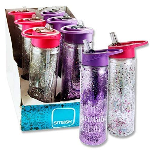 Smash 500ml Pink/Purple Glitter Sequin Effect Twin Wall Clear Drinking Bottle