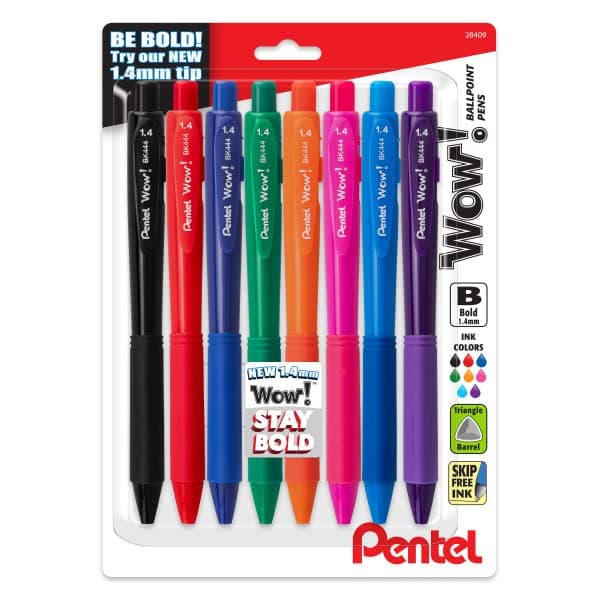 Pentel Wow! Retractable Ballpoint Pen, (1.4mm) Bold Line, Assorted Ink Colors, 8 Pack