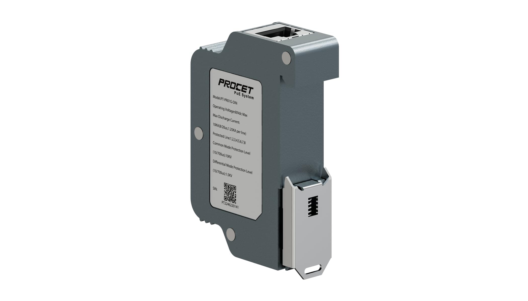 PROCET PoE System Industrial DIN Rail Surge Protector IEEE802.3af/at/bt/ ++ Gigabit 10KV Ethernet Surge Arrester RJ45 Flash Suppressor, -40℃ to 85℃, Zinc Alloy Housing
