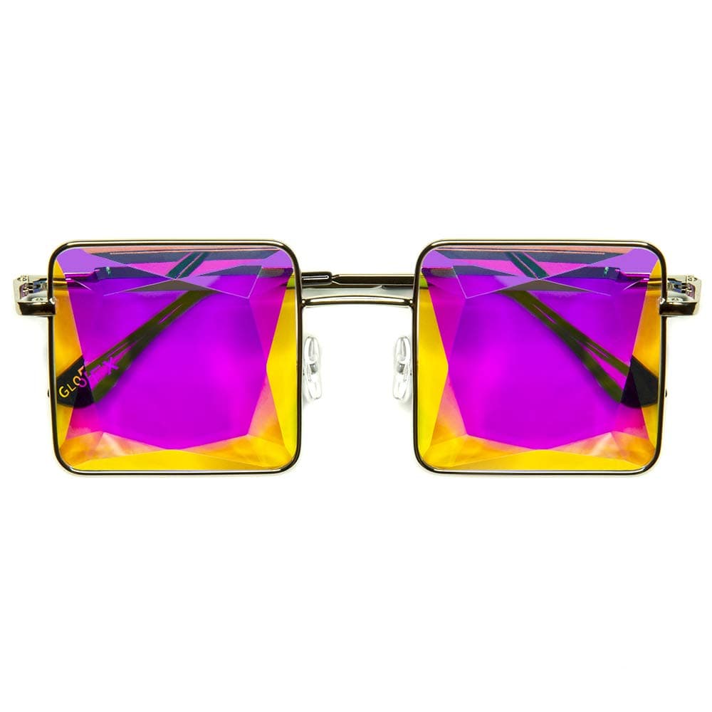 GloFX Square Kaleidoscope Glasses - Metal Frame - MC Squared Rainbow Light Diffraction EDM Festival Rave Prism Glasses