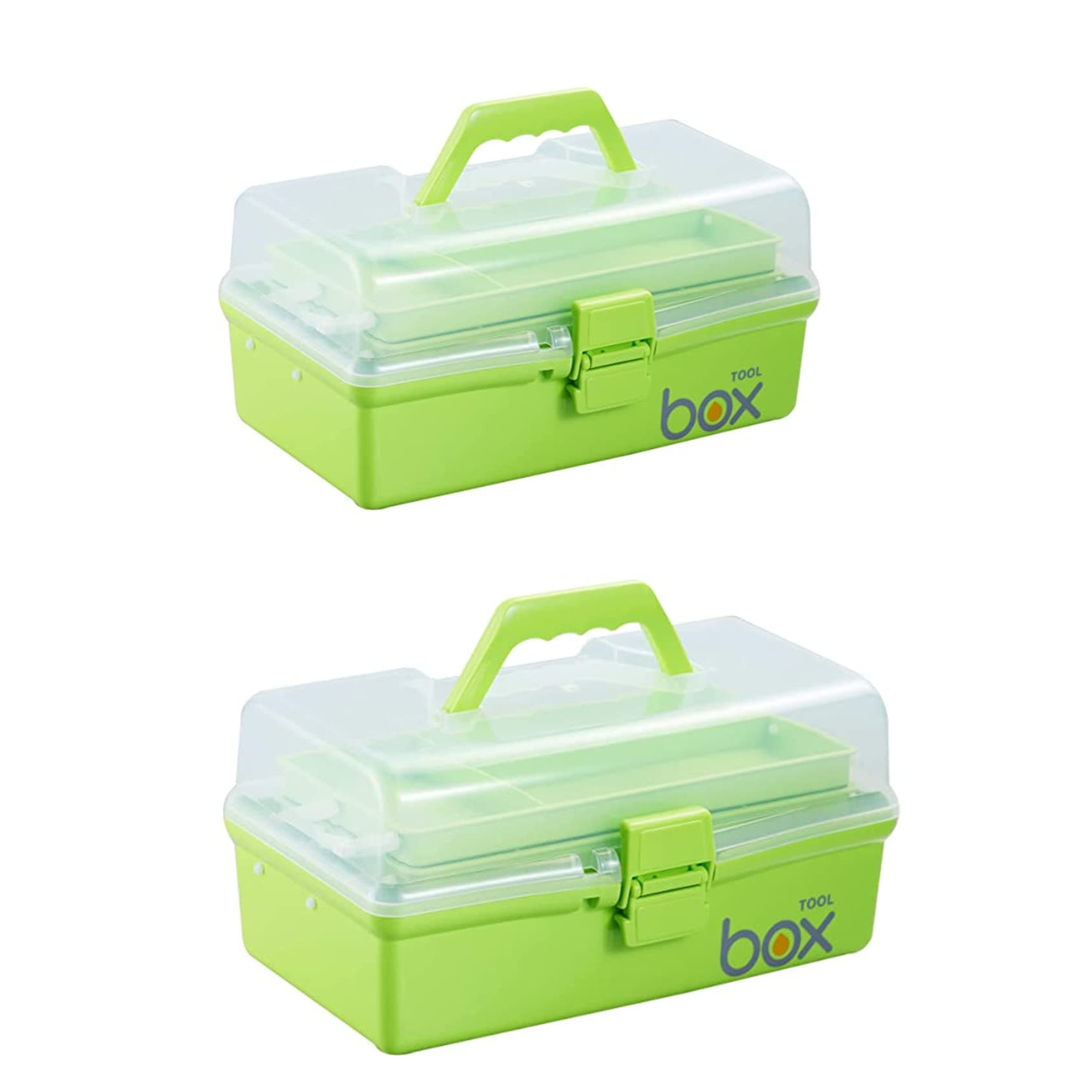 2PCS 12'' Three-Layer Clear Plastic Home Storage Boxes, Multipurpose Organizer and Portable Handled Storage Case for Art Craft and Cosmetic (Green)