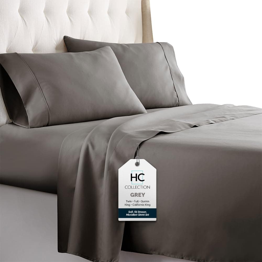 HC COLLECTION Bed Sheets Set King with 2 Pillowcases, Hotel Luxury Platinum 1800 Series Brushed Microfiber Sheet w/Deep Pocket, Ultra Soft Lightweight 4 Pcs Linen Bedding for Hot Sleepers, Gray