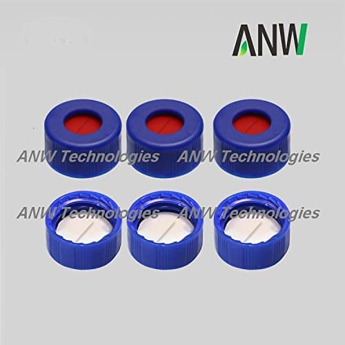ANW HPLC LC Pre-Slit 9-425 Screw Thread Vial Caps, 9 mm, PTFE/Silicone Septa, Blue, Polypropylene, 6 mm Central Hole, 100 pcs/pk