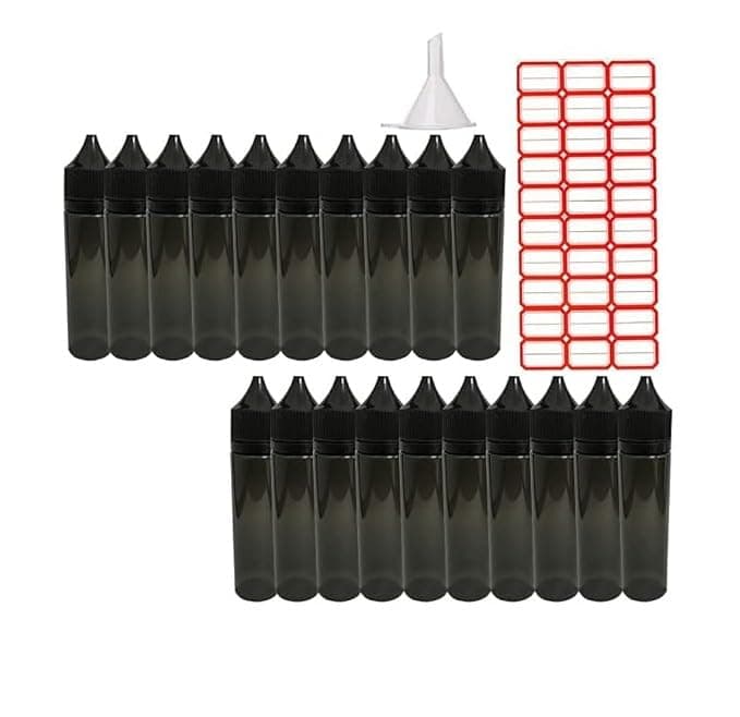 Sunday 7 Squeezable 60ml Empty Drop Bottle Food Grade PET Transparent Black Plastic Bottle with Childproof Tampering Black Cap with Funnel Sticker Labels (20 Pack)