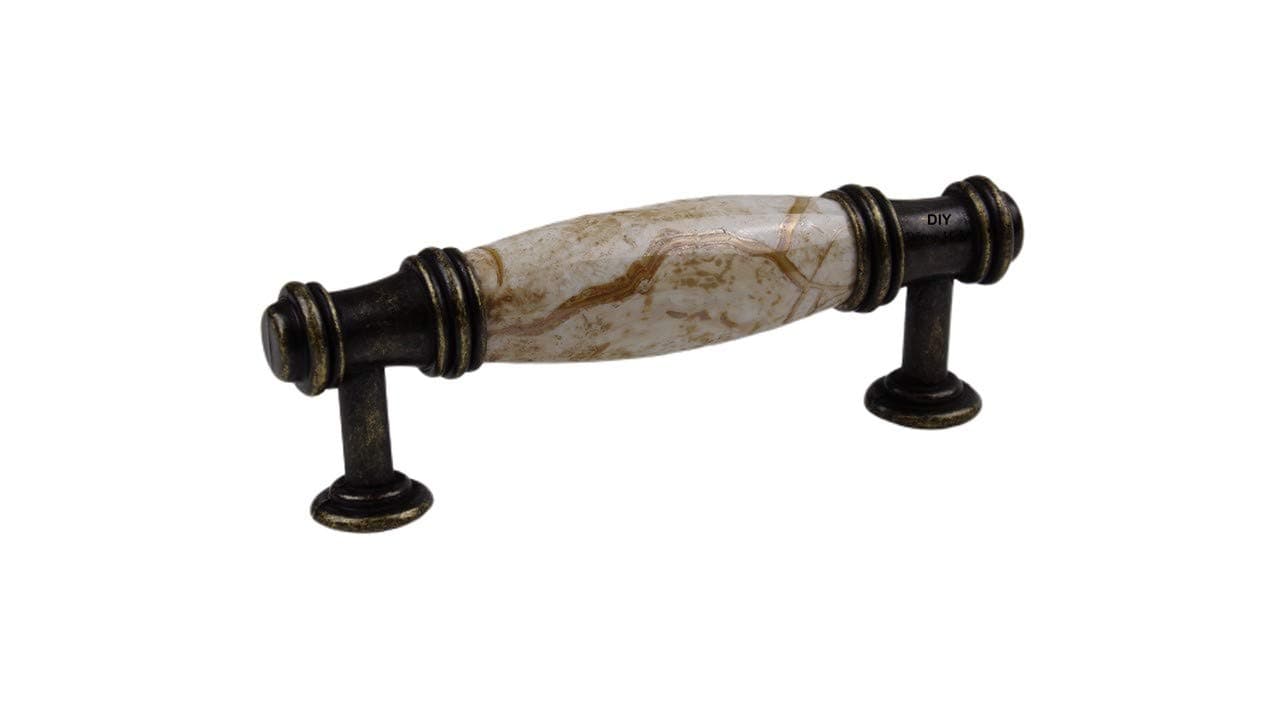 20 pcs Antique Brass Cabinet Drawer Pulls with Brown Marble Ceramic Handles and 3 inch Hole Centers for Cabinets, Drawers, Dressers, Trays