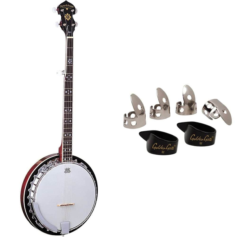 Oscar Schmidt, 5-String Banjo (OB5-A) & Golden Gate NP1-7B Thumb & Finger Pick Pack – Stainless Steel/Black – Medium