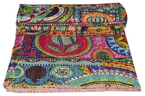 STALLION COTTON CLOTHING Indian Patchwork Kantha Bedspread Throw Blanket (Multi Floral) Bohemian Bedding Patchwork Quilt