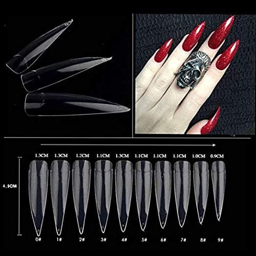 500Pcs Stiletto Nail Tips Long Shape Natural Half Cover False Nail Art Tips 10 Size for Nail Art Salons and Home DIY (Clear)