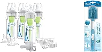 Anti-Colic Breast to Bottle Feeding Set with Slow Flow Nipples, Travel Caps, and Silicone Pacifier - Gray & Soft Touch Bottle Brush, Blue