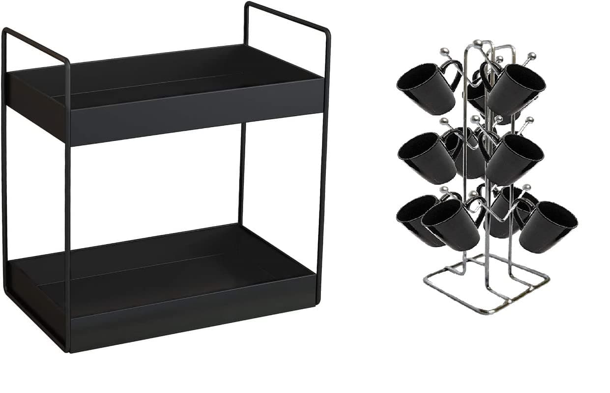 Zepdos Metal 2 Tier Kitchen Rack with Cup Stand, Counter Top Organizer, Dinning Tabel Cup Stand, Countertop Organizer Kitchen, Storage Stand, Multipurpose Rack (Black) (2 Pcs)