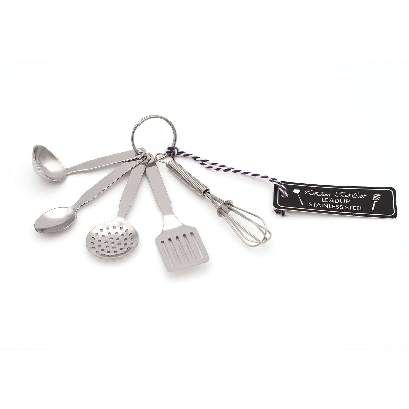 Mini Stainless Steel Kitchen Tool Set with Keychain(3.5"),Set of 5,Includes Whisk, Spatula, Spoon, Skimmer,Soup ladle