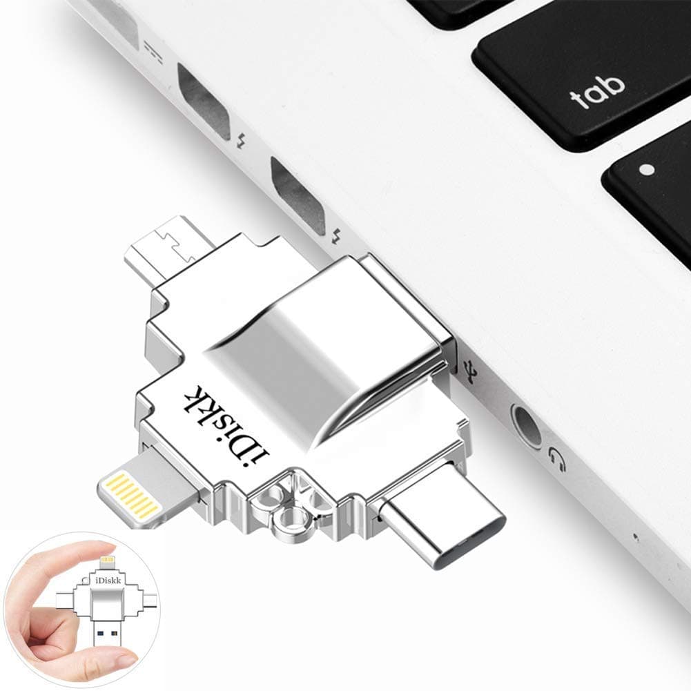 iDiskk MFi Certified 64 GB USB Stick for iPhone, 4-in-1 Flash Drive Memory Expansion Memory Compatible with iPad, iPhone XS, iPhone 8 Computer Mac Laptop Camera