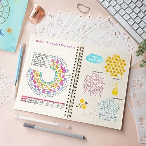 36 Piece Bullet Journal Stencil Template Set (5.1 * 7.9 inch) - Bullet Journal Accessories/Supply Kit - Bullet Journal Stencil - A5 Dot Journal Planner Stencil
