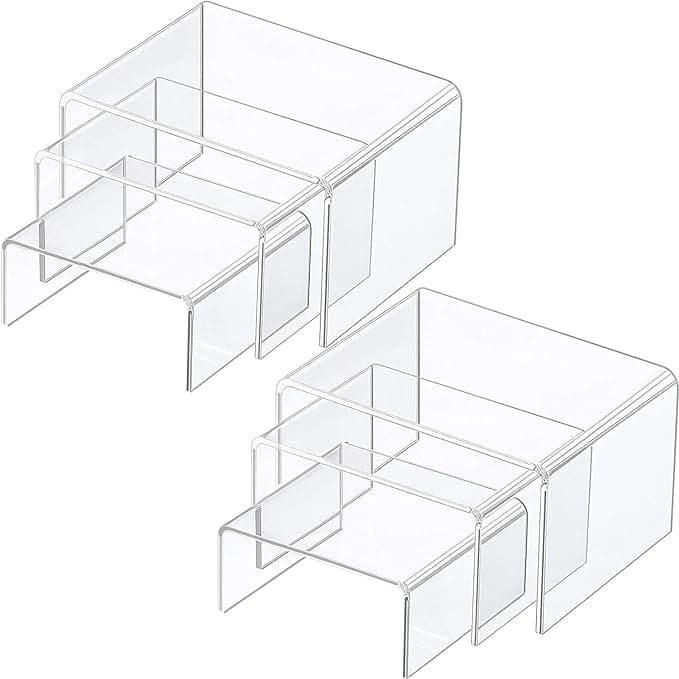 BIGIMALL 2 Small Sets Acrylic Display Risers, Clear Product Stand, Jewelry Display Riser Shelf Showcase (For small sized products only)