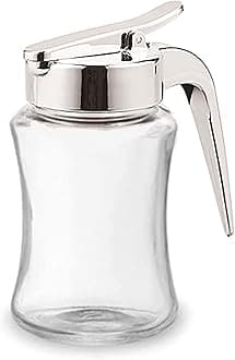 J&M Design Glass Syrup Dispenser Bottle for Maple Syrup, Honey or Sugar with Handle Shaker, Pour Spout Lid, Easy Spoon Measure, 7.5oz