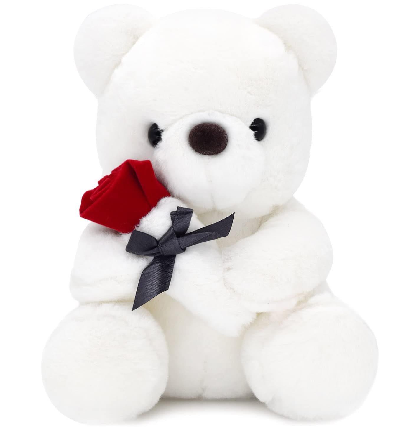 HWD 9.8'' Teddy Bear with Rose, Soft Plush Doll Stuffed Animals Toys, Gifts for Her/Girlfriend Lover Mom Kids Toddlers (White)