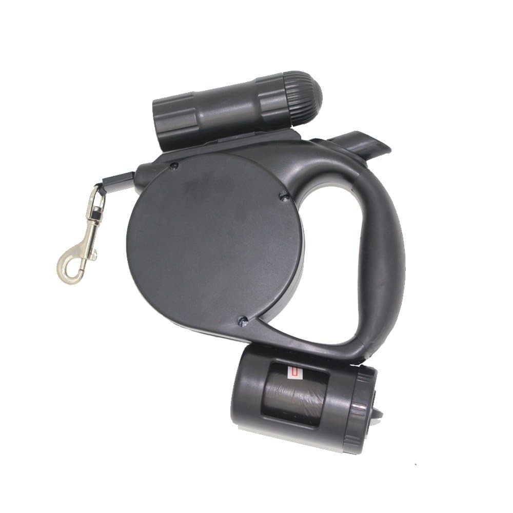 Retractable Dog Leash 15-Foot One Button Break & Lock Tangle Free With a LED Flashlight and Garbage Bags Dispenser and FREE Dog Waste Bags (Black)