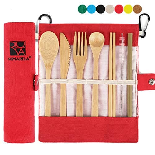 Bamboo Utensils, Eco Friendly Flatware Set, Bamboo Cutlery Set, Bamboo Travel Utensils, Camping Utensils Set, Portable Utensils Set, Knife, Fork, Spoon, Reusable Straws Chopsticks, 7 Pieces,7.9 inch