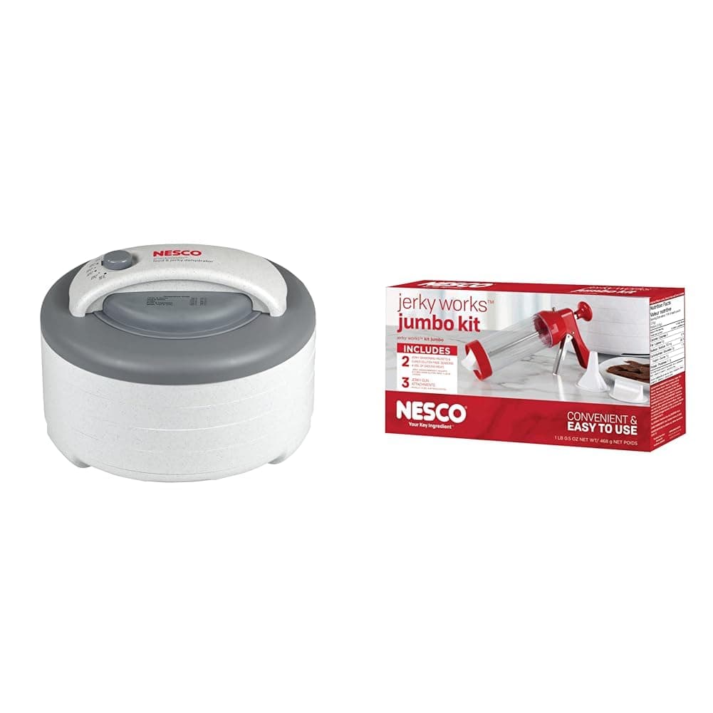 Nesco FD-60 Snackmaster Express Food Dehydrator for Great Jerky and Snacks, 4 Trays, 13.5" X 9.75", white and grey & Jumbo Works Beef Jerky kit, 1 Count (Pack of 1), Red