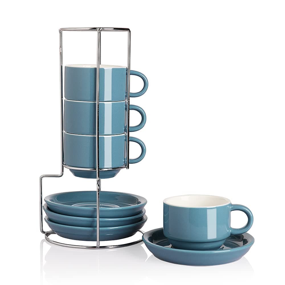 Sweejar Porcelain Espresso Cups with Saucers, 4 Ounce Stackable Cappuccino Cups with Metal Stand for Coffee Drinks, Latte, Tea - Set of 4 (Fog blue)