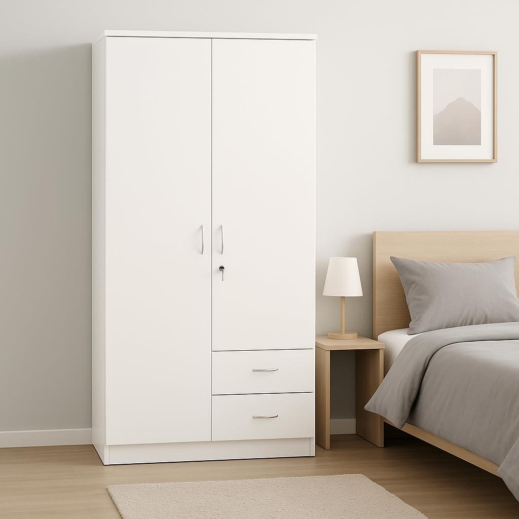 Karnak 2 Door Wooden Wardrobe, Solid Wood Wardrobe With Lockable Drawers Perfect Modern Stylish (White)