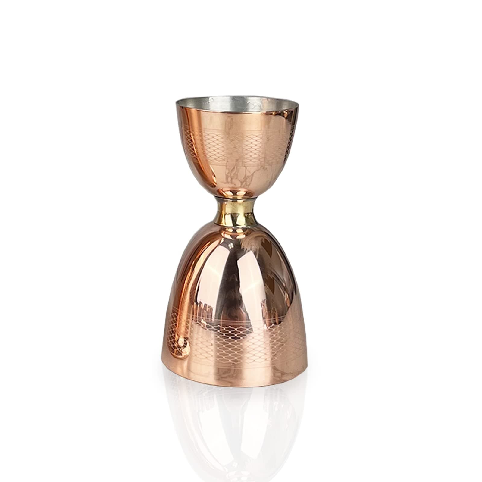 Coppermill Kitchen | Vintage Inspired Jigger | Authentic Copper & Brass | 1900s Art Deco Design | Engine Turn Pattern | Dual 2 oz & 1 oz Sides