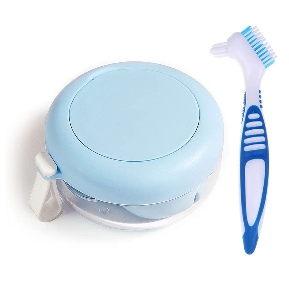 Anbbas Leakproof Denture Cleaning Kit Denture Cup with Basket and Brush, Dental Cleaning Soaking Retainer Case Bath Box for Braces,Aligner,Mouth Guards,Partial,Wire Dentures (Blue)