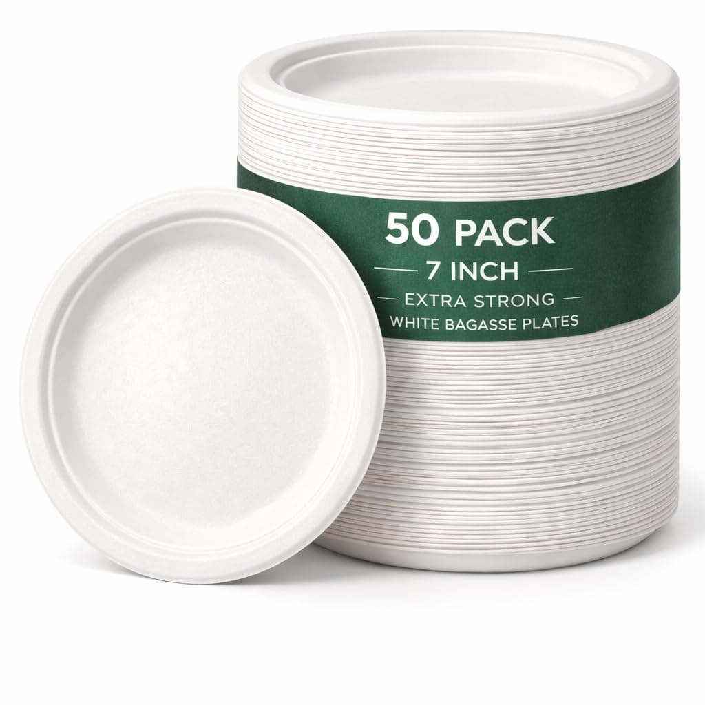 1ABOVE 50 Pack Extra Strong White Disposable Bagasse Plates, 100% Compostable and Biodegradable, Made from Sugarcane Fibre, Perfect for BBQ, Wedding, Office, Picnics and Parties (7 INCH)