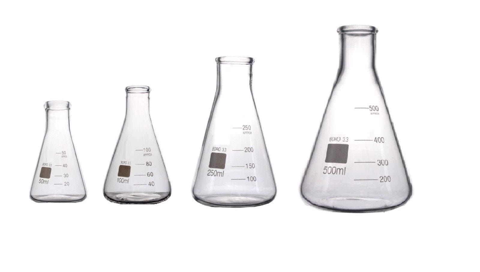 Borosilicate 3.3 Graduated Conical Glass Flask for Laboratory (50ml+100ml+250ml+500ml)