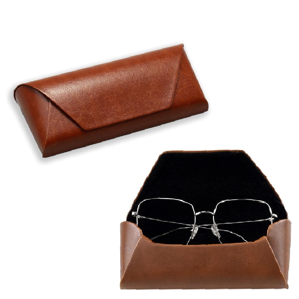 Eyeglass Case,Unisex Semi Foldable Sunglasses Cases Hard Shell For Men/Women, PU Leather Eyeglass Box,Lightweight(Brown)