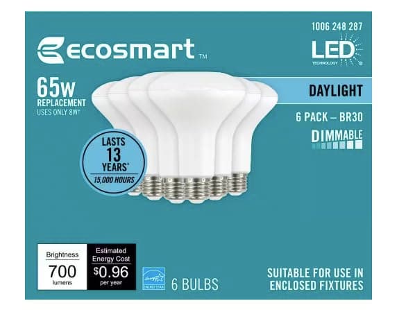 EcoSmart65-Watt Equivalent BR30 Dimmable LED Flood Light Bulb Daylight (6-Pack) A20BR3065WESD56